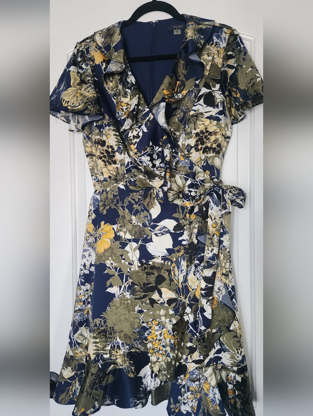 Tahari Navy Floral Faux Wrap Midi Dress with Yellow Accents